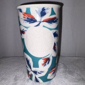 Starbucks 2016 Ceramic Double Wall Tumbler Teal Coral Leaves Floral Mermaid EUC